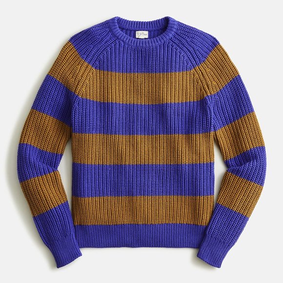 NWT J Crew Shaker Stitch Knit Chunky Heavy Fisherman Sweater, Purple Gold Stripe - Picture 1 of 2